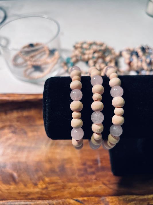 Rose quartz and wood bead bracelets