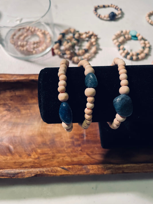Blue aventurine stone and wood bead bracelets