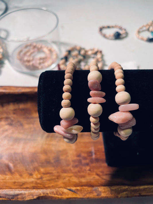 Pink opal and wood bead bracelets