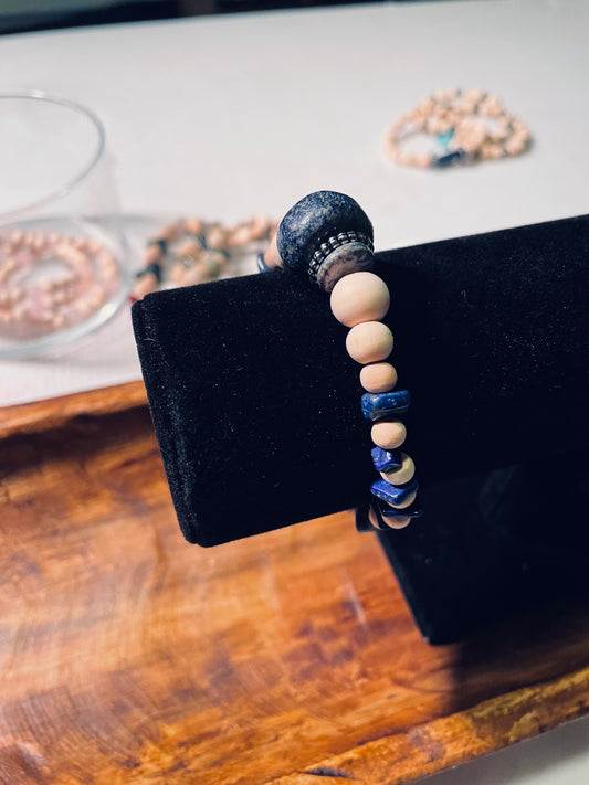 Lapis lazuli, blue aventurine, and wood bead bracelet