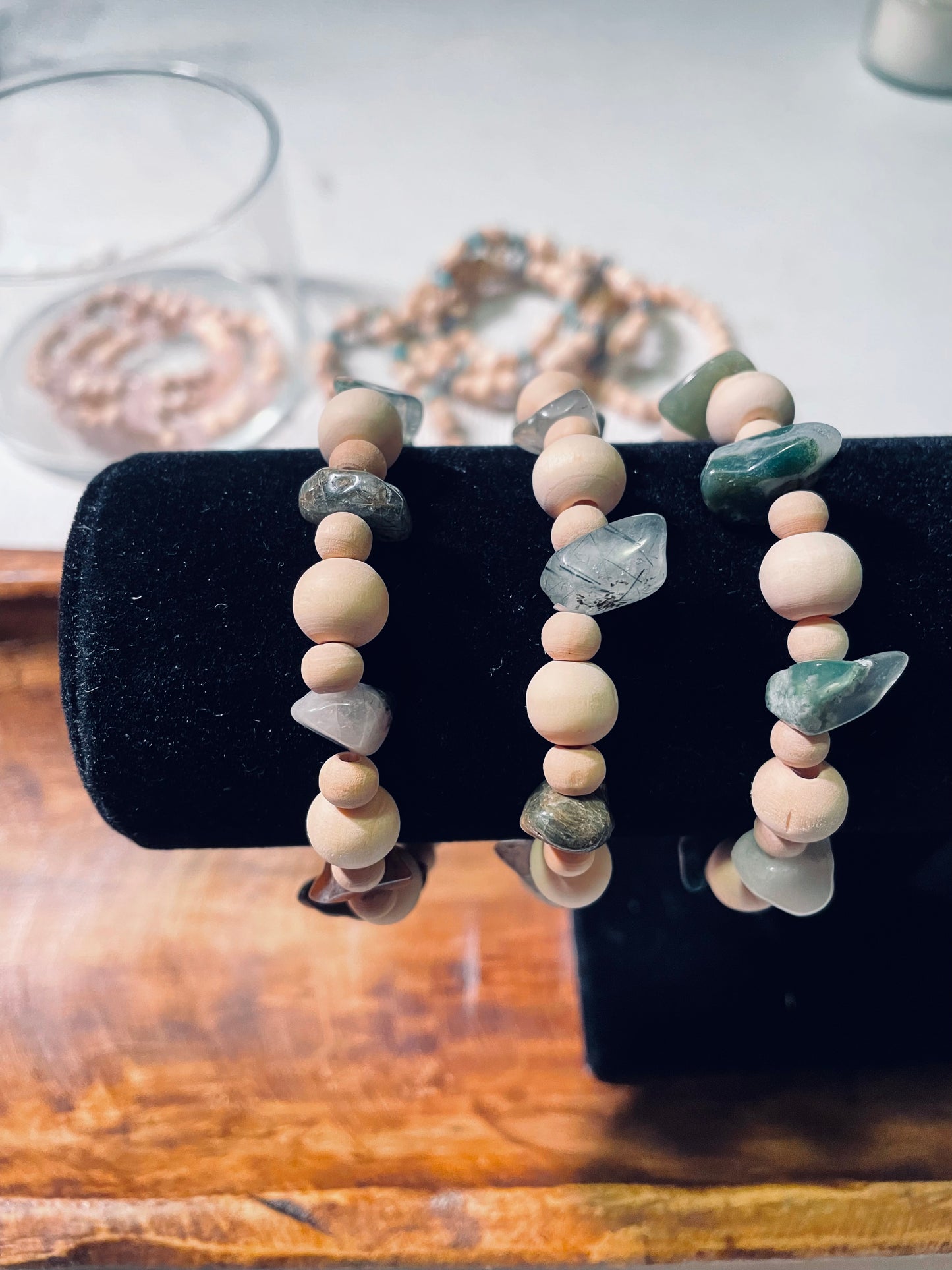 Mixed agate, jasper, and wood bead bracelets